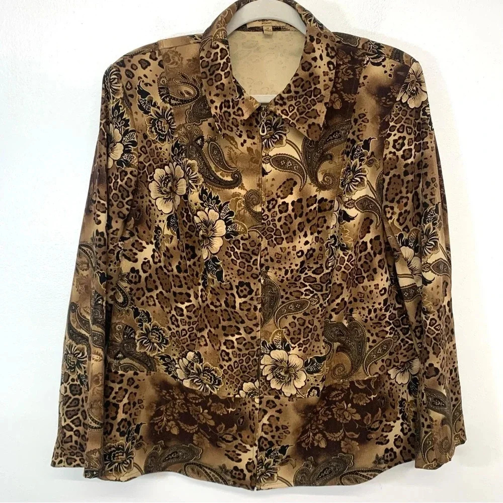Notations Womans Shirt Jacket 1X Brown Leopard‎ Floral Print  Full Zip Peplum